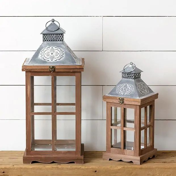 Distressed Top Candle Lanterns Set of 2 | Antique Farm House