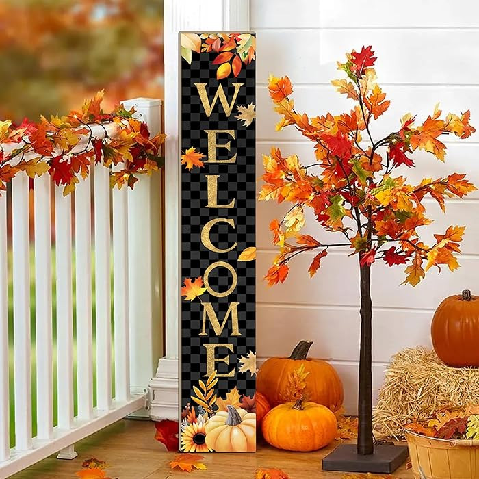 Fall Wooden Porch Sign 47" Autumn Pumpkin Maple Leaf Front Door Welcome Sign Vertical Standing Si... | Amazon (US)