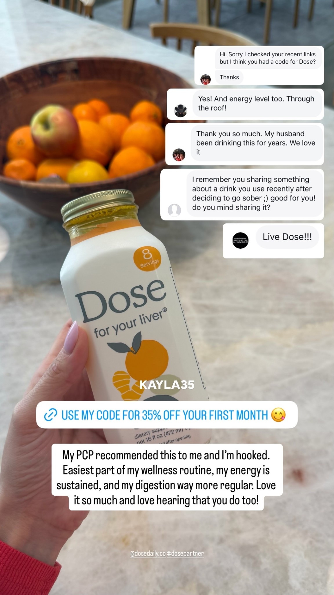 @dosedaily.co #dosepartner  KAYLA35 My PCP recommended this to me and I’m hooked. Easiest part of my wellness routine, my energy is sustained, and my digestion way more regular. Love it so much and love hearing that you do too! @paigetraederstanley