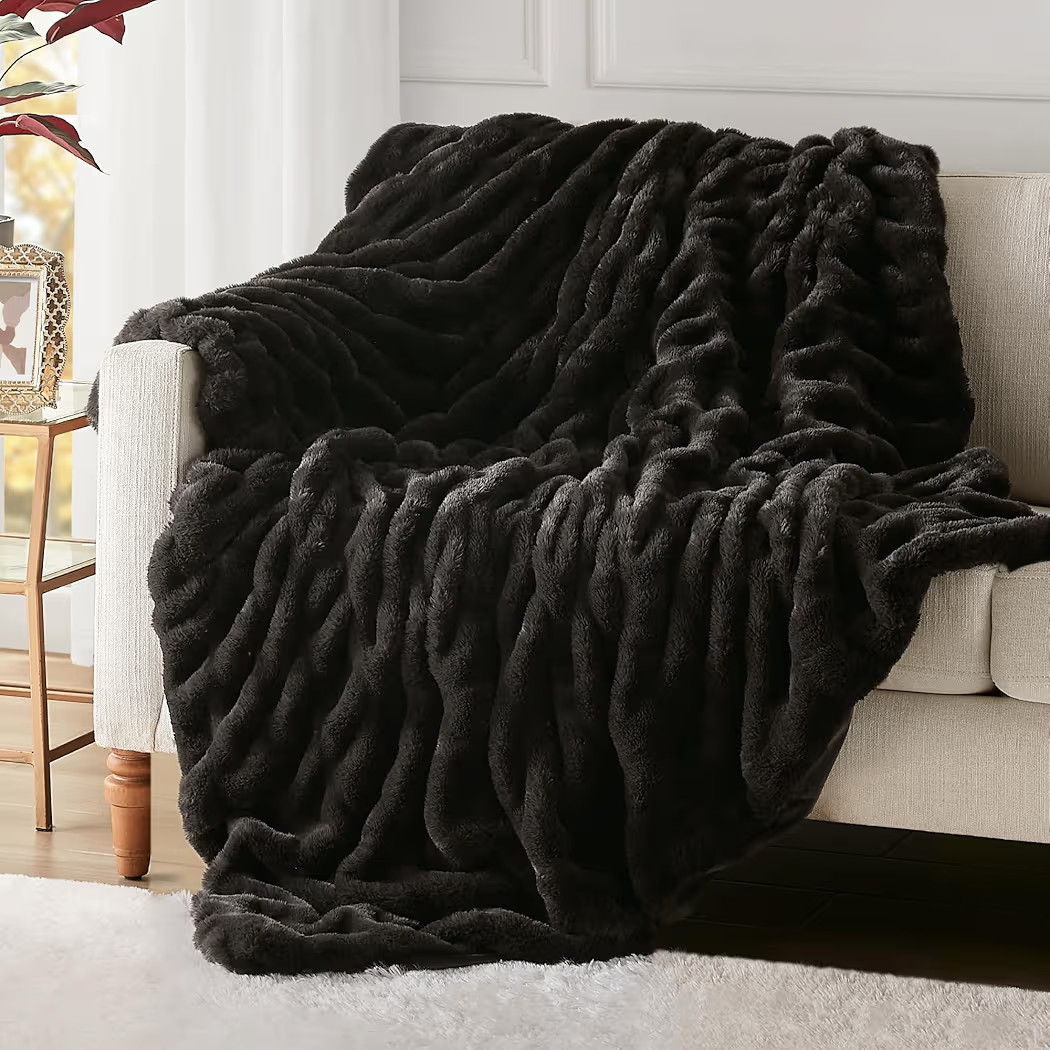 Hyde Lane Luxury Ruched Faux Fur Throw Blanket | Ultra Soft Cozy Puzzy Throw | Plush Black Mink B... | Amazon (US)