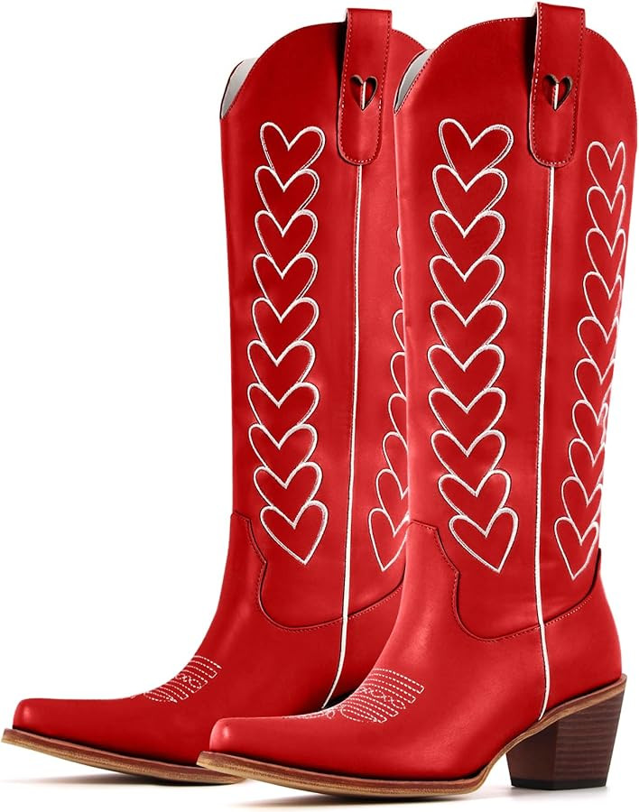 Yolkomo Cowboy Boots for Women Knee High Cowgirl Boots with Hearts | Amazon (US)