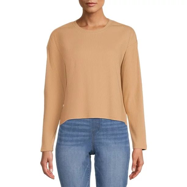 Time and Tru Knit Long Sleeve Crewneck Top - Walmart.com | Walmart (US)