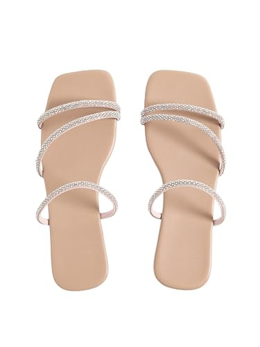 GORGLITTER Women's Rhinestone Flat Sandals Strappy Slip on Open Toe Slide Sandals Apricot 6.5 | Amazon (US)