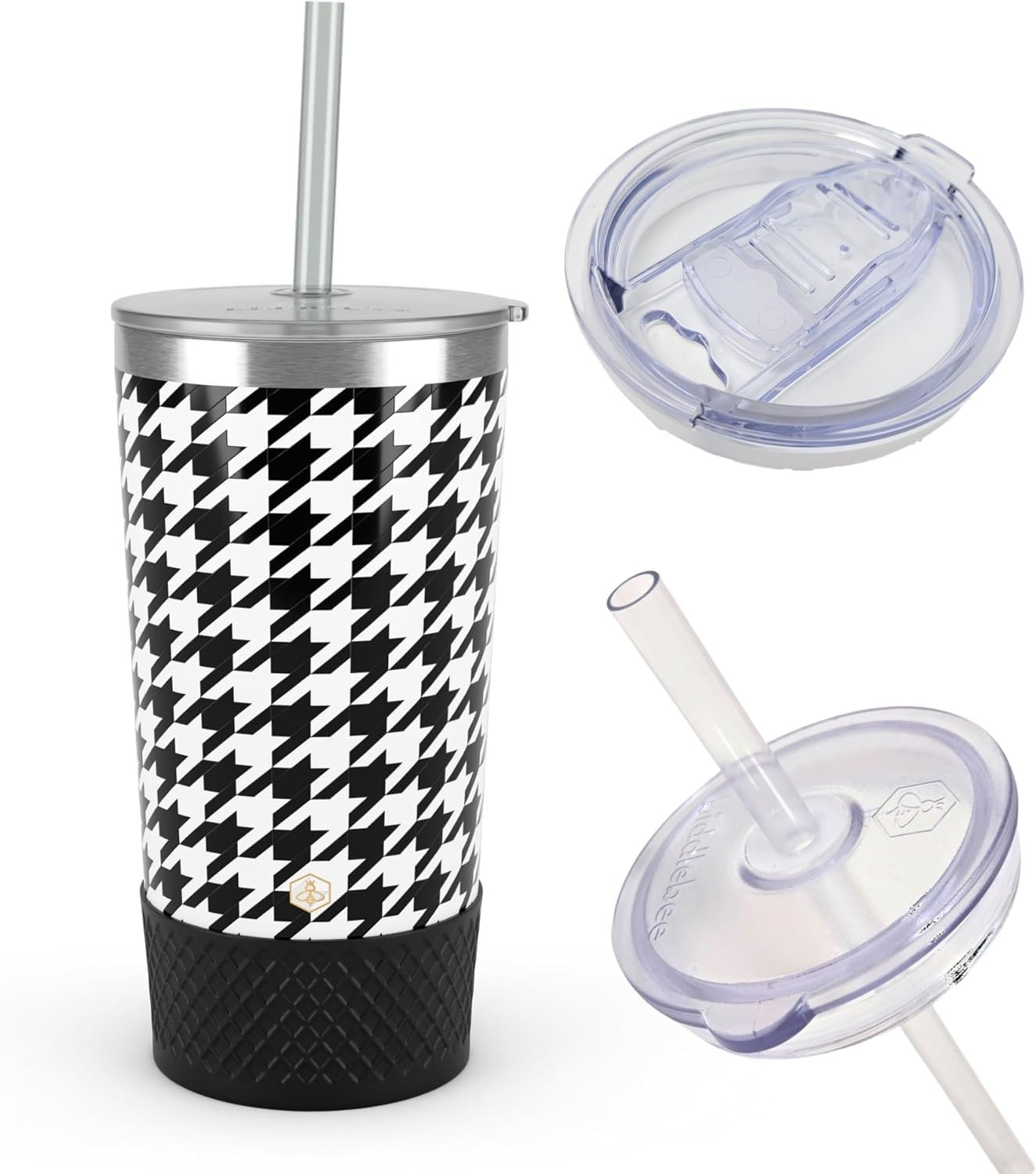 Biddlebee 20 Oz Stainless Steel Tumbler with Slider & Straw Lids, Silicone Boot – Insulated Travel Coffee Mug & Water Cup for Hot or Cold Drinks (Black & White) | Amazon (US)