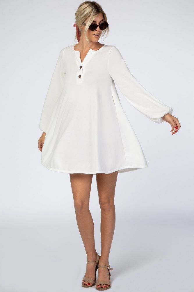 Ivory Long Cinched Sleeve Textured Button Detail Dress | PinkBlush Maternity
