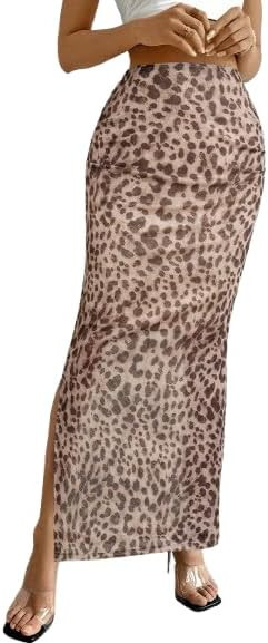 WDIRARA Women's Leopard Print Mesh Skirt Ruched Split Thigh Low Waist Maxi Skirts | Amazon (US)