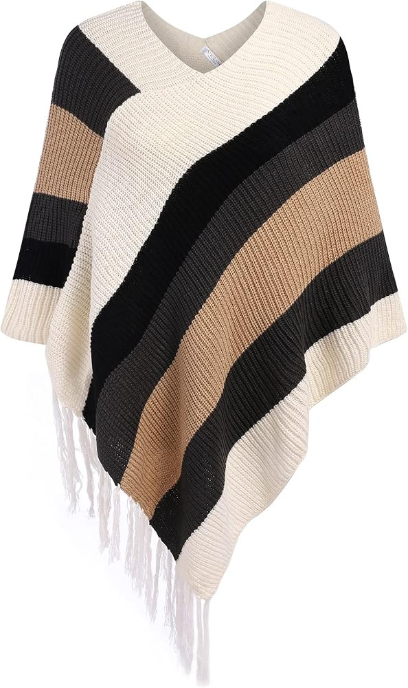IN'VOLAND Women's Shawl Wraps Knitted Shawl with Fringed Capelet V-Neck Striped Poncho Sweater Pu... | Amazon (US)