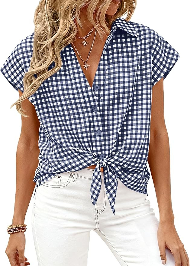 PRETTYGARDEN Womens Short Sleeve Shirts Plaid Button Down Blouse Dressy Casual 2026 Summer Spring... | Amazon (US)