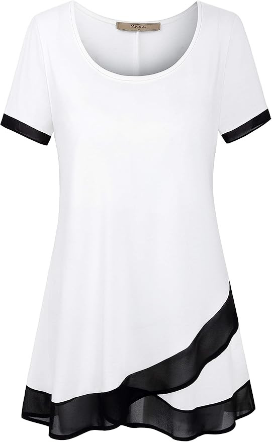 Miusey Womens Short Sleeve Scoop Neck Tops Irregular Asymmetric Hem Tunic Tops Patchwork Chiffon ... | Amazon (US)
