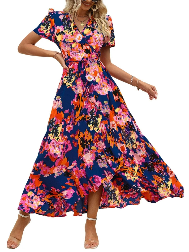 PRETTYGARDEN Women's Summer Wrap Maxi Dress Casual Boho Floral V Neck Short Sleeve Ruffle Hem Spl... | Walmart (US)