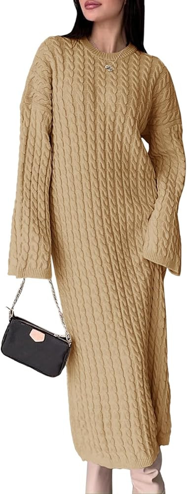 Saodimallsu Womens Oversized Cable Knit Sweater Dress Drop Shoulder Long Sleeve Loose Fall Midi P... | Amazon (US)