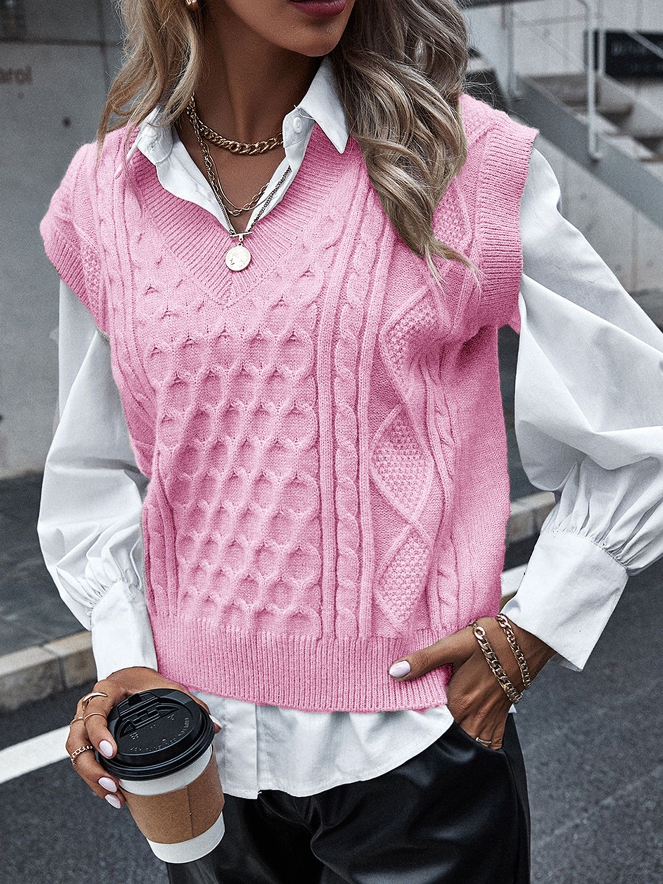 Solid Cable Knit Sweater Vest | SHEIN