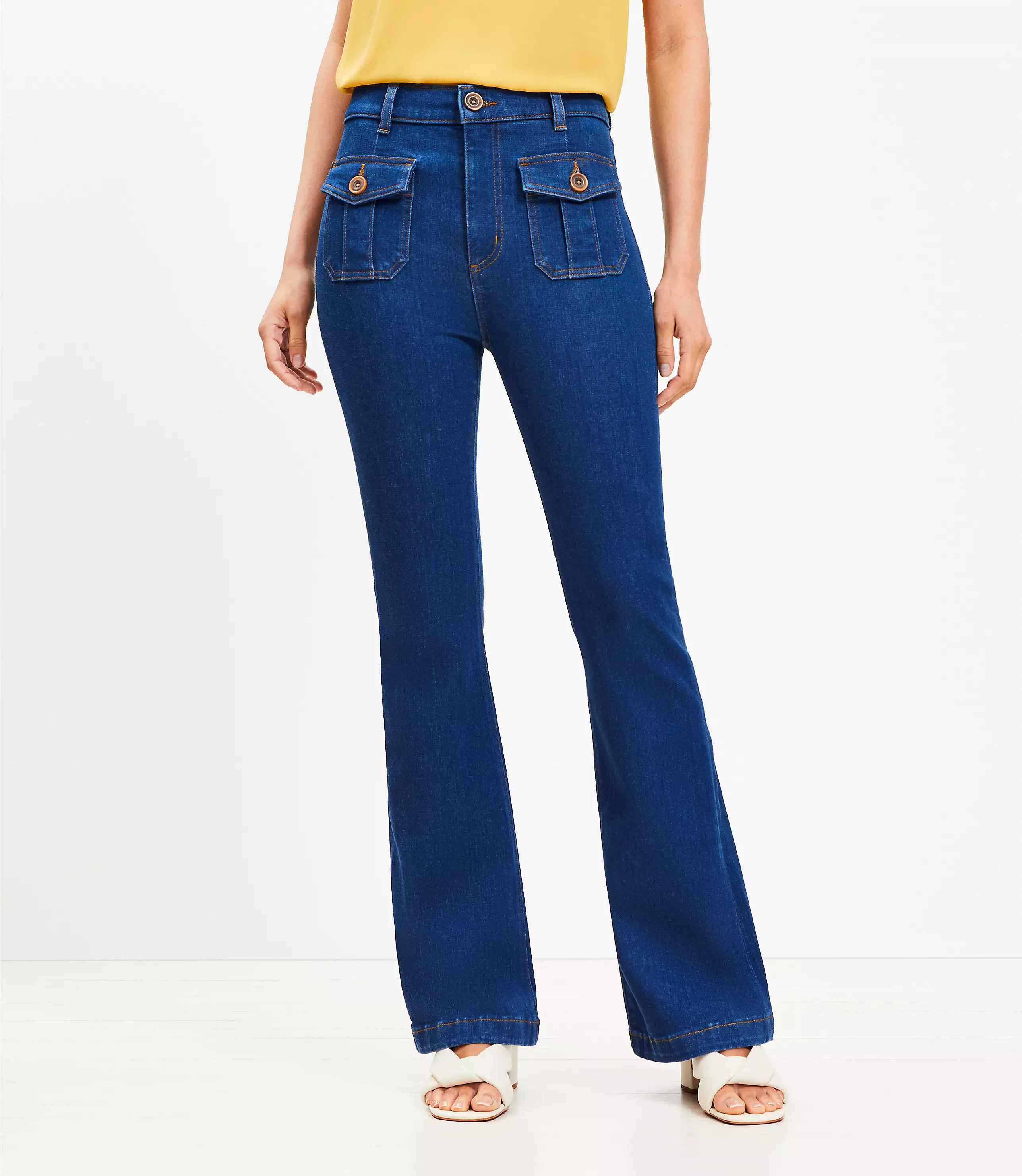 High Rise Patch Pocket Slim Flare Jeans in Dark Wash | LOFT