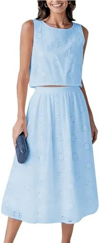 Wanzetaly Women's 2 Piece Skirt Set Hollow Out Eyelet Sleeveless Tank Top Maxi Skirt Boho Outfits... | Amazon (US)