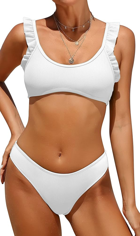 Charmo Women Ruffle Bikini Set Scoop Neck 2 Piece Bathing Suit High Cut Swimsuit | Amazon (US)