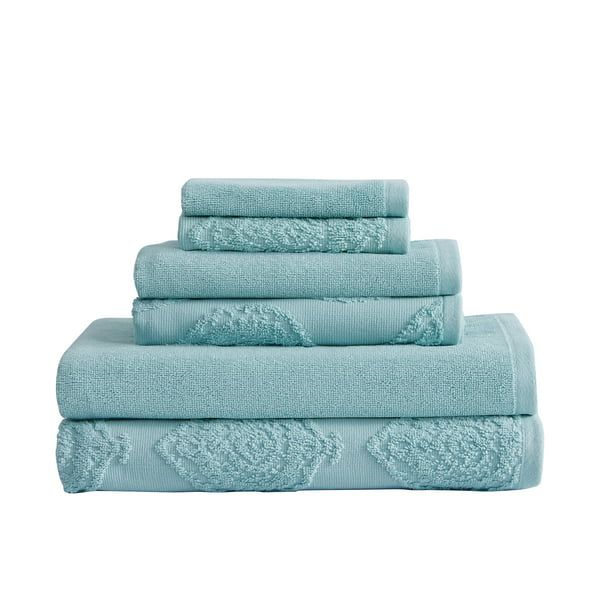 My Texas House 6 Pieces Channing Damask Cotton Bath Towel Collection, Aqua Blue - Walmart.com | Walmart (US)