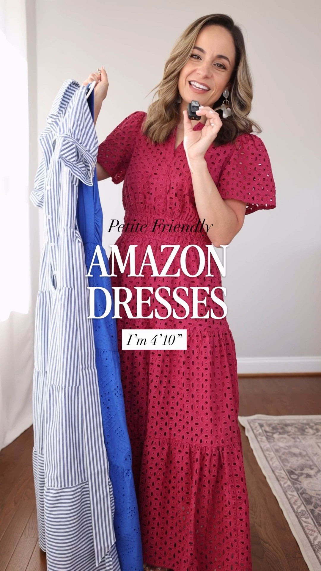 Three petite-friendly dresses from Amazon! 

Eyelet dress: xs
Blue dress: small (xs would be an overall better fit for me but it wasn’t offered) 
Striped dress: xs

#LTKPetite