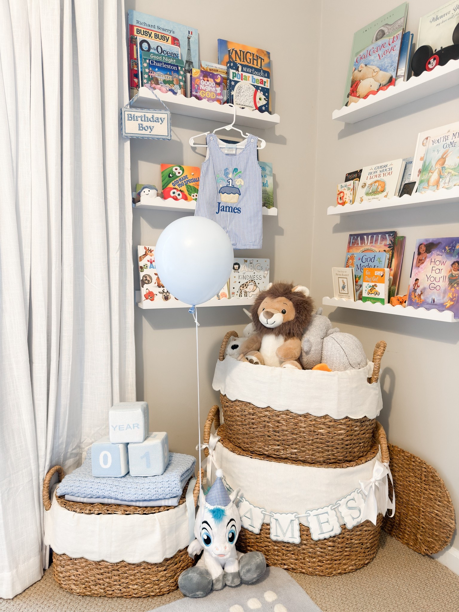 This little corner of my son’s nursery brings me so much joy. The woven baskets, custom name sign, white curtains, and scalloped shelves come together to create the coziest grandmillennial moment. 

#LTKKids #LTKmomlife #LTKHome