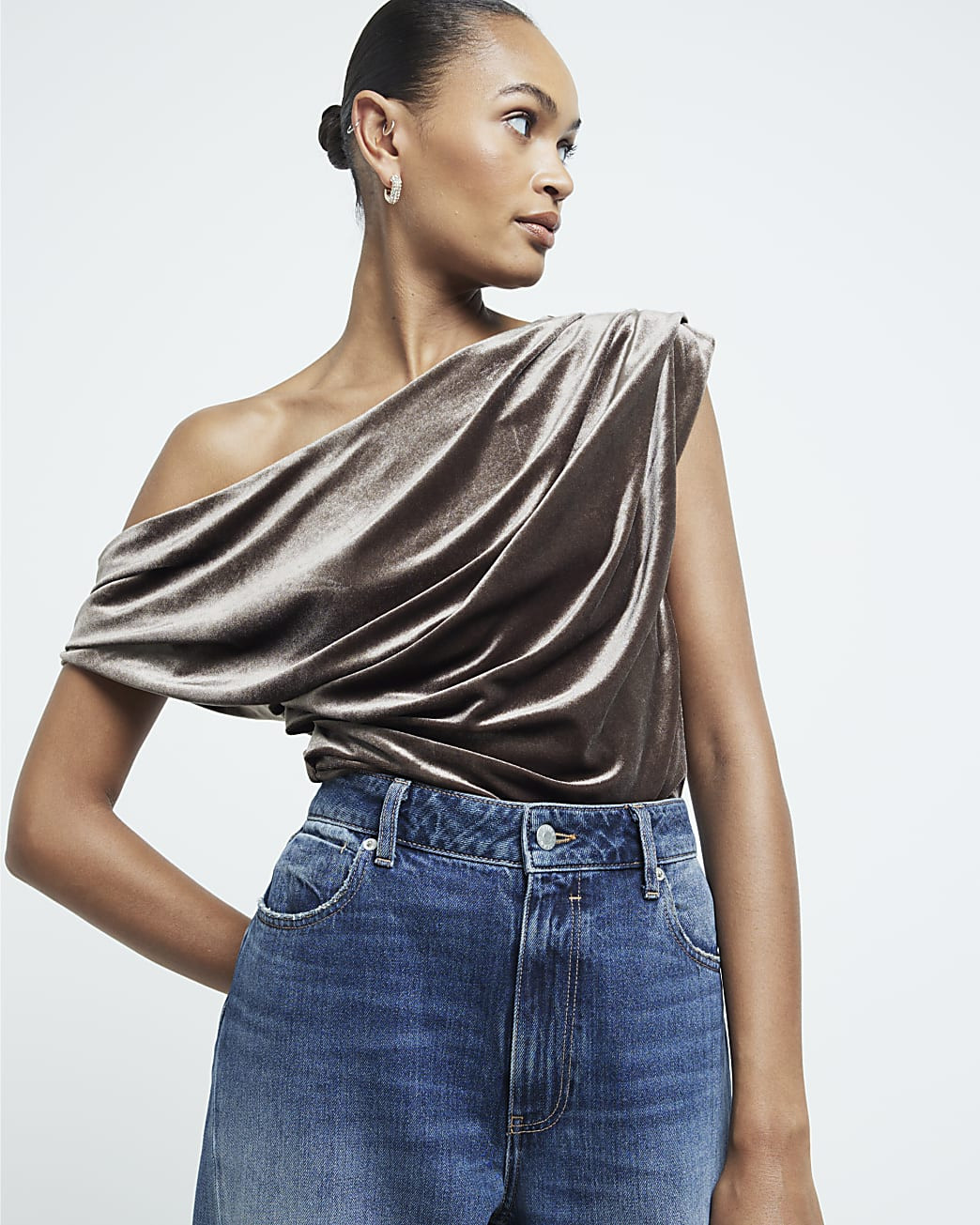 Brown Drape Velvet Top | River Island UK & IE