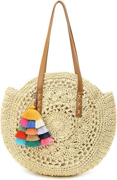 Straw Bag Round Summer Straw Large Woven Beach Bag Purse For Women Vocation Tote Handbags With Po... | Amazon (US)