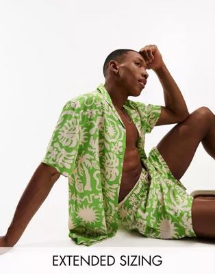ASOS DESIGN relaxed revere shirt in green animal print - part of a set | ASOS (Global)