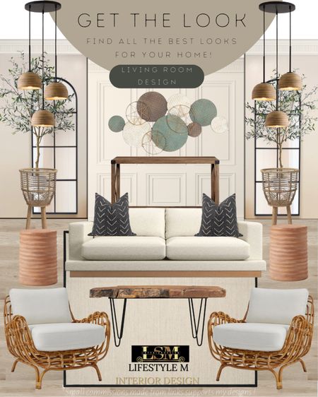 Boho-Chic living room design idea. Recreate the look with these home furniture and decor finds! White sofa, rattan wicker accent chair, jute living room rug, wood round end table, rustic live end coffee table, black throw pillows, wicker rattan tree planter pot, faux fake tree, rustic wood console table, boho wall decor, boho living room chandelier.

#LTKstyletip #LTKFind #LTKhome