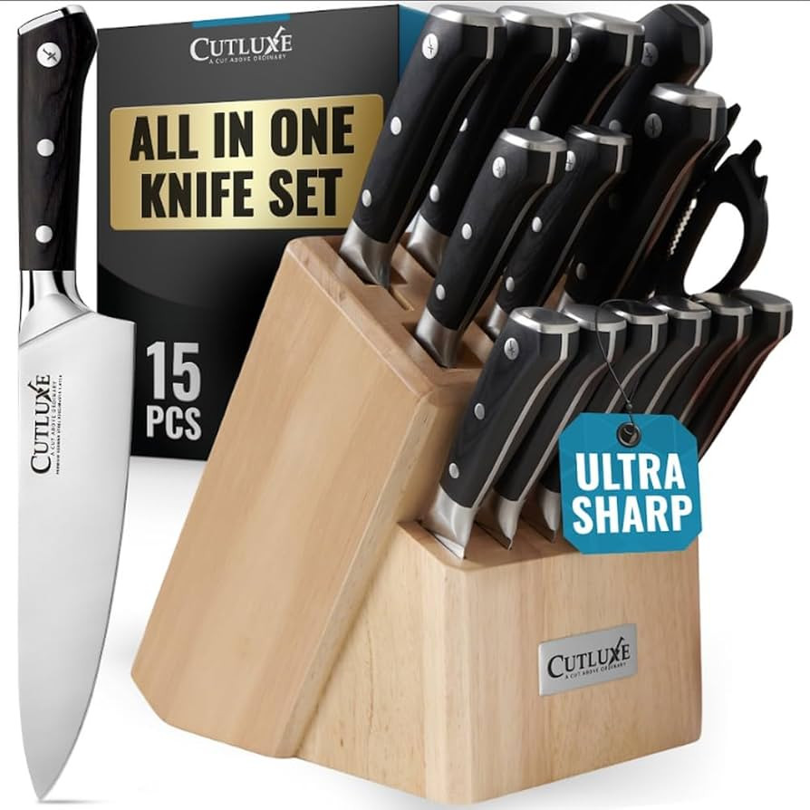 Cutluxe 15-Piece Knife Set – Premium Rubberwood Wood Block – Knife Set for Kitchen, Ultra Sha... | Amazon (US)
