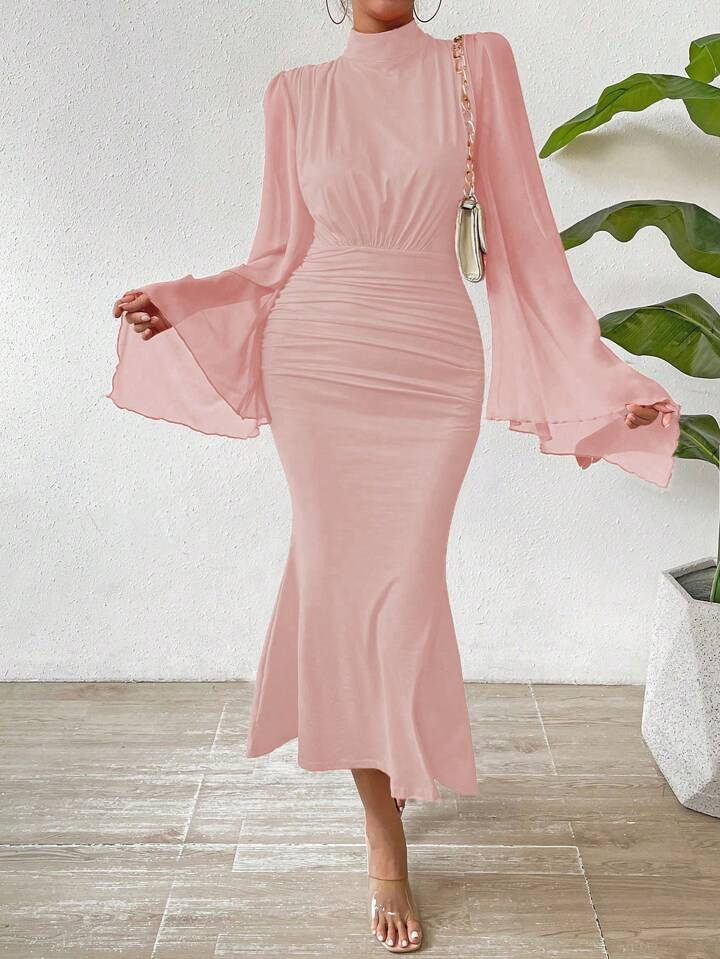 SHEIN Privé Women's Stand Collar Flared Sleeve Ruffled Hem Mermaid Dress | SHEIN