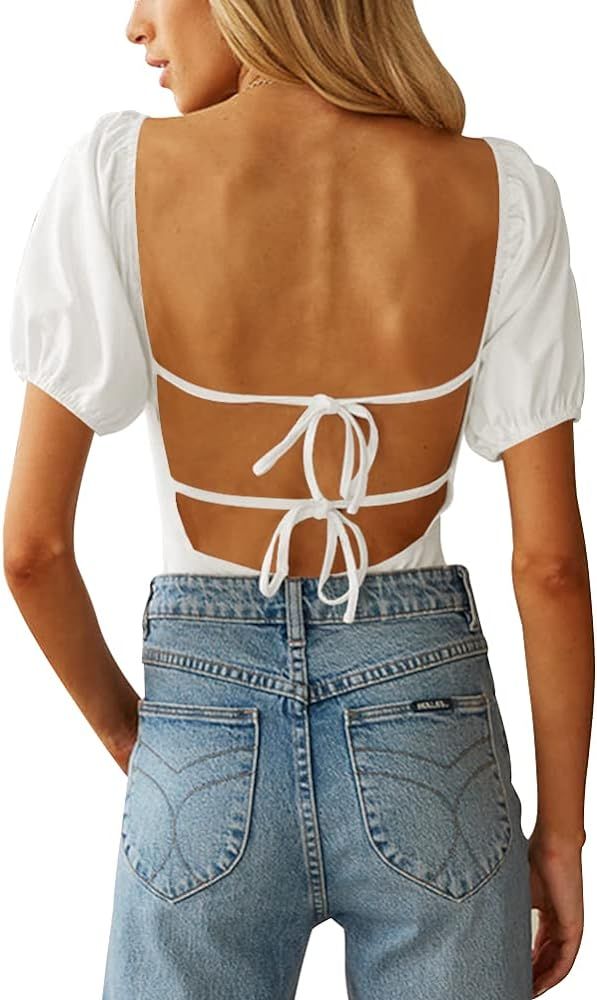 oten Women's Sexy Backless Puff Sleeve Square Neck Tie Back Bodysuit Tops | Amazon (CA)