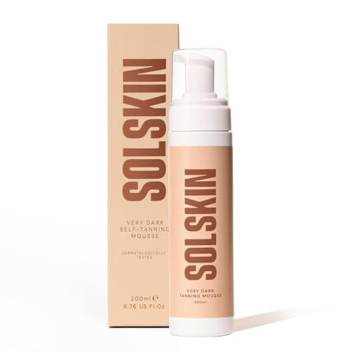 SOLSKIN Tanning Mousse with Hyaluronic Acid & Aloe for Natural Bronze Glow - Fast-drying Fake Tan, Moisturising Formula for Sensitive Skin, Streak-Free, Vegan & Cruelty-Free, 200ml (Very Dark) | Amazon (UK)