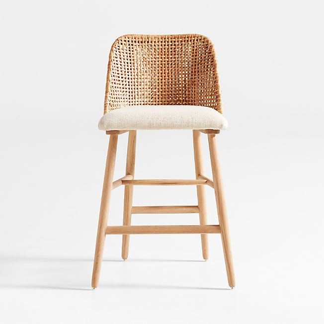 Astrid Upholstered Oak Wood and Rattan Counter Stool with Performance Fabric + Reviews | Crate & ... | Crate & Barrel