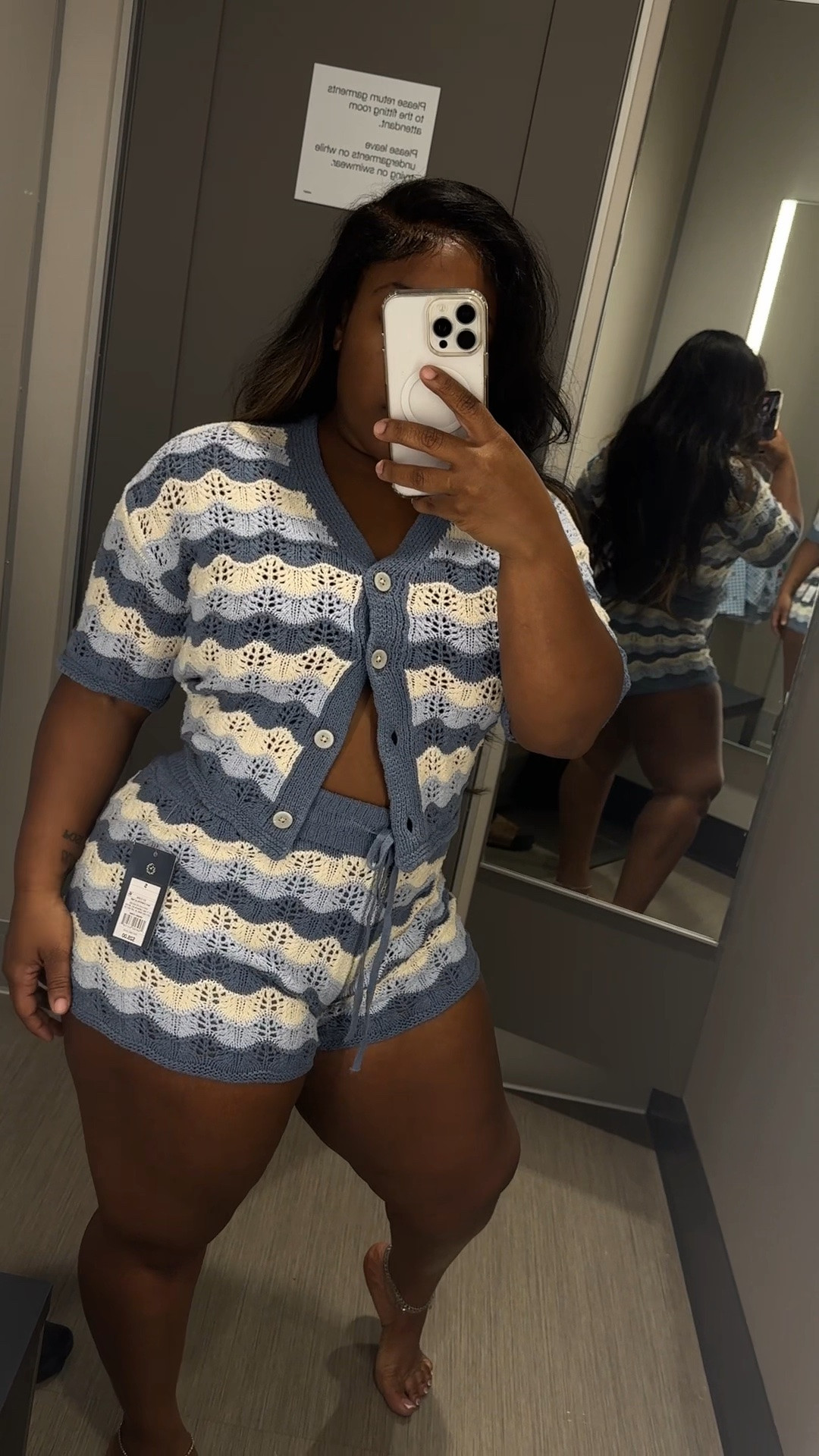 Serving vacation vibes in this crochet set 😍🌊 The knit detail, stretch, and fit? TOO good. Perfect as a beach coverup or a cute summer set. Wearing a small in the shorts XS in the top✨