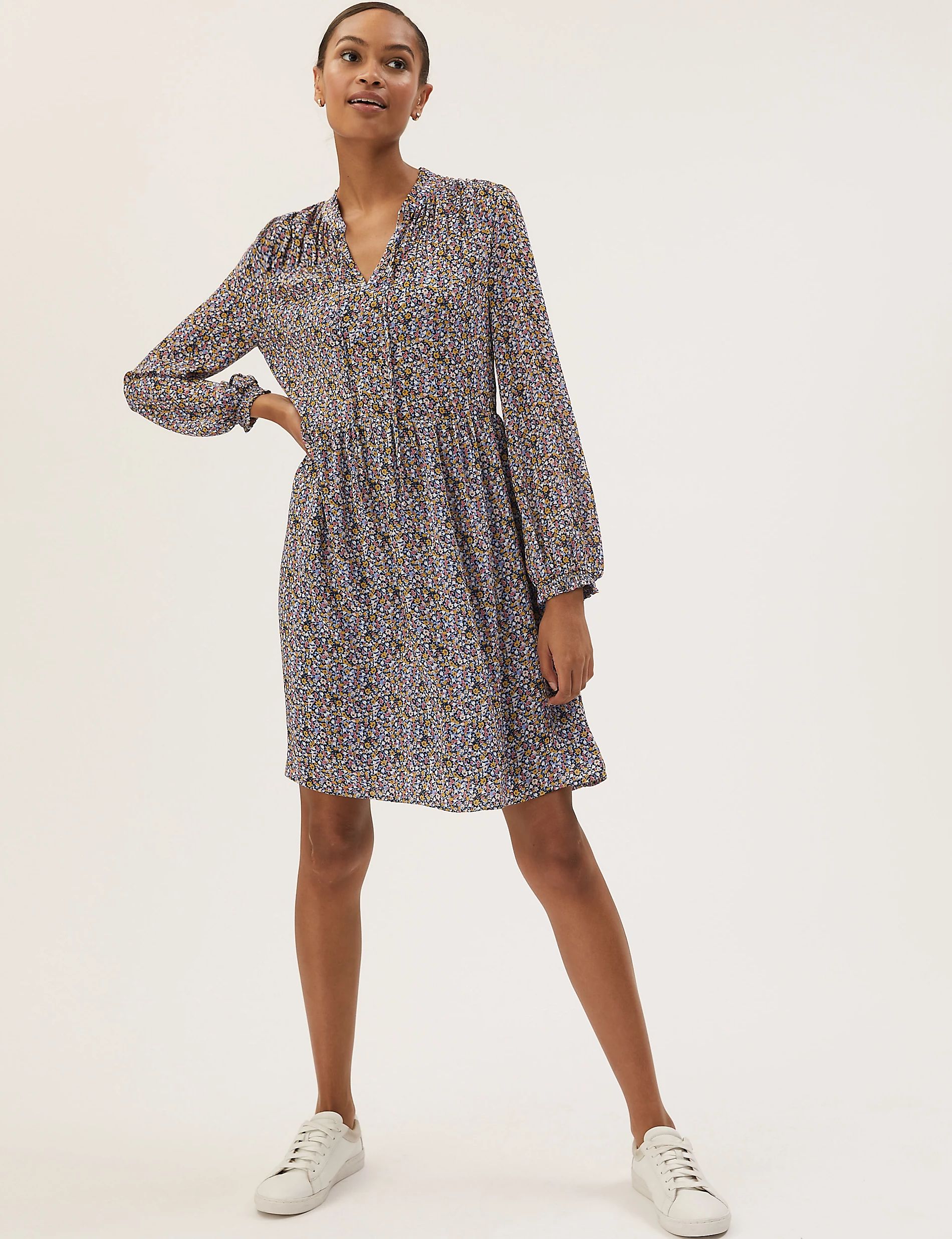 Sheer Ditsy Floral Tie Neck Mini Dress | Marks and Spencer US