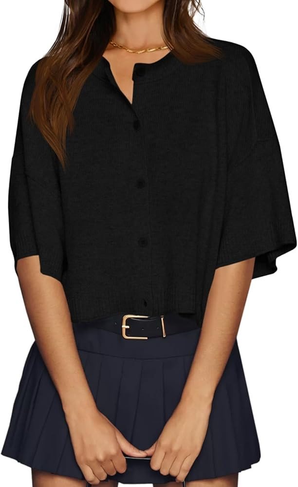 Cicy Bell Womens Half Sleeve Cardigan Sweaters Cropped Button Down Tops Oversized Lightweight Rib... | Amazon (US)