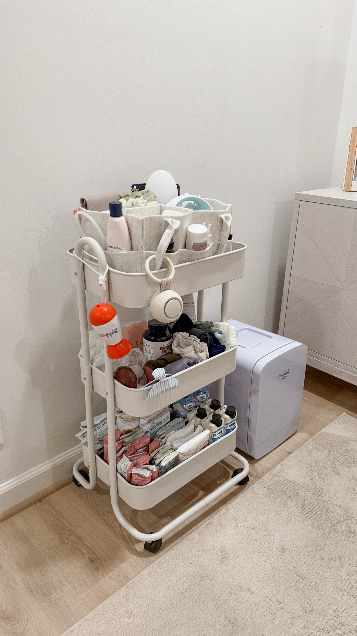 Postpartum bedside cart and fridge essentials