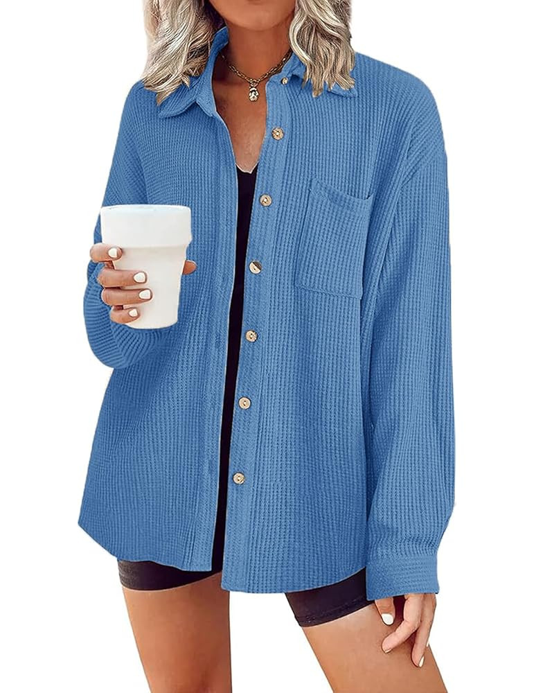 HOTOUCH Waffle Button Down Shirts for Women Dressy Casual Work Shacket V Neck Long Sleeve Lightwe... | Amazon (US)