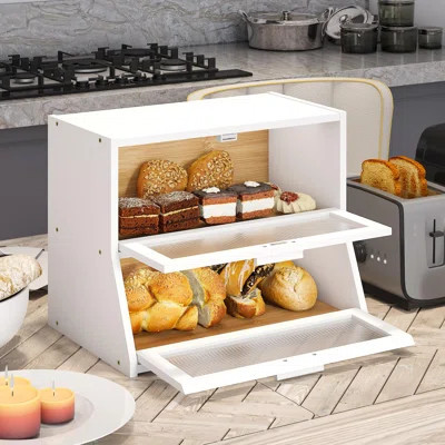 Large Bread Box Double Layer Bamboo Bread Box For Kitchen Counter Container Farmhouse Bread Box Bread Holder Capacity Bread Storage Bin(White) | Wayfair North America