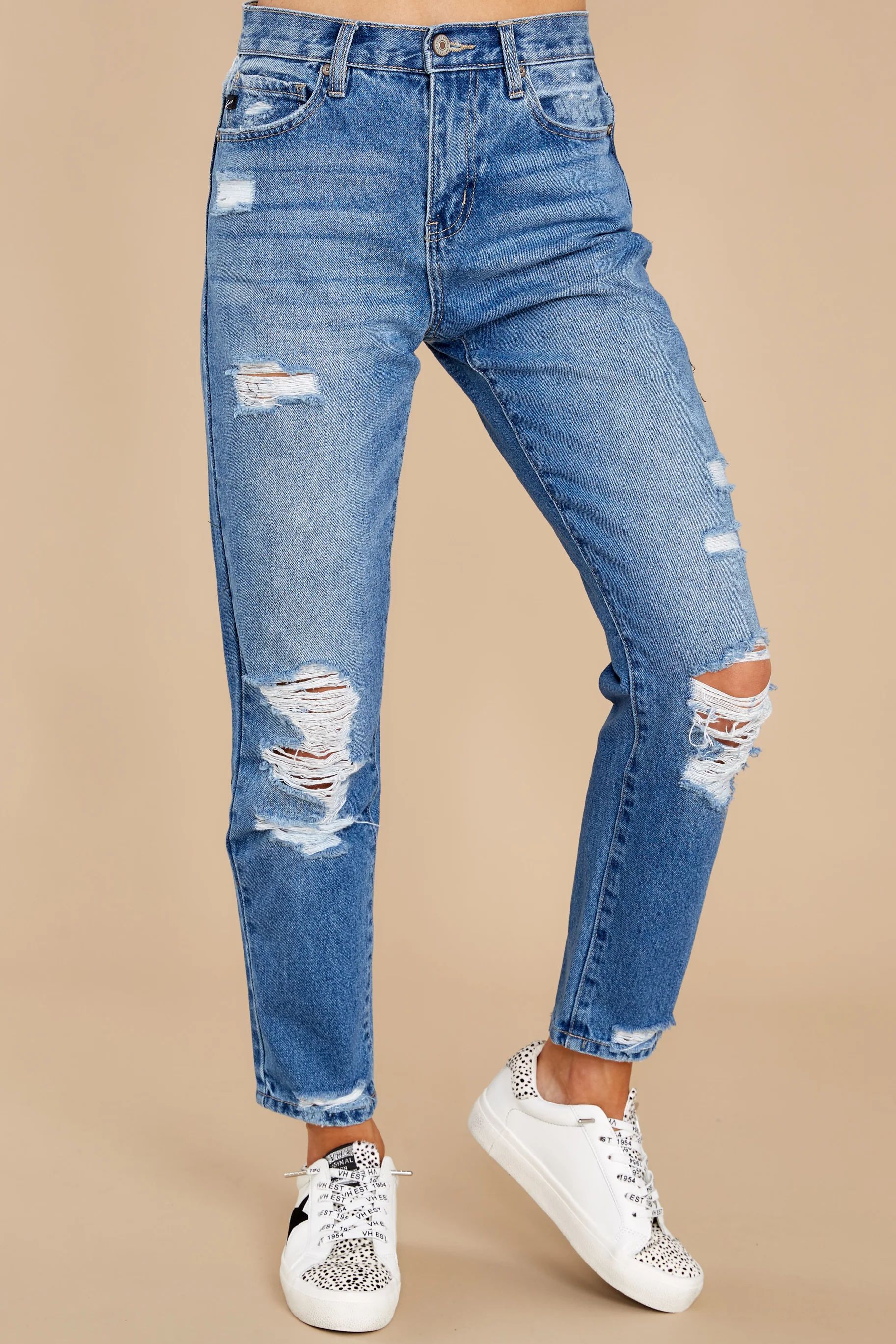 Working On It Medium Wash Distressed Mom Jeans | Red Dress 