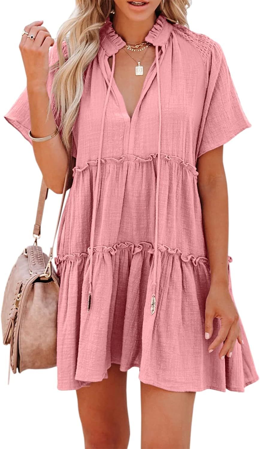 Womens Split V Neck Drawstring Neck Tie Ruffle Tiered Dress Short Sleeve Babydoll Tunic Swing Min... | Amazon (US)