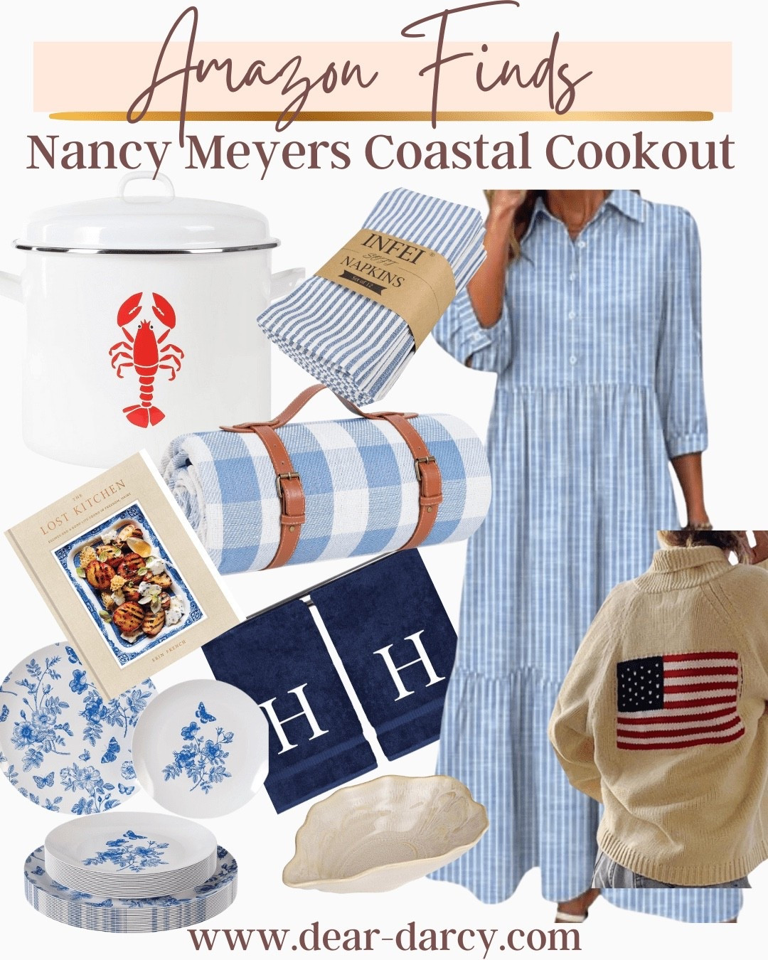 Nancy Meryers 
Coastal cook out

Amazon finds 

The cutest blue and white button up maxi dress 

Flag cardigan 
Lobster pot for a boil 
Blue and white napkins 
Blue and white floral plays 

navy H blanket 
Blue and white striped blanket roll with leather tote handles 
Cool book

#LTKootd #LTKOver40 #LTKSaleAlert