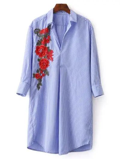 Shirt Neck Striped Floral Embroidered Tunic Casual Shirt Dress | Rosegal US