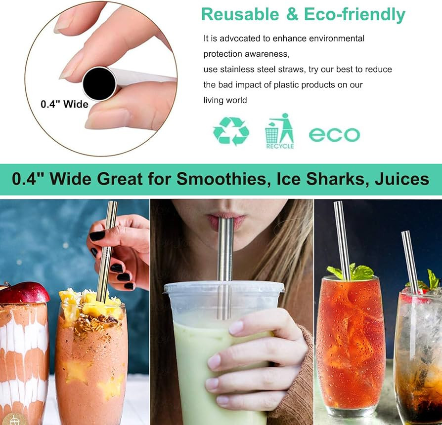 Amazon.com: Vinaco Stainless Steel Smoothie Straws, 0.4'' Extra Wide Reusable Metal Drinking Stra... | Amazon (US)