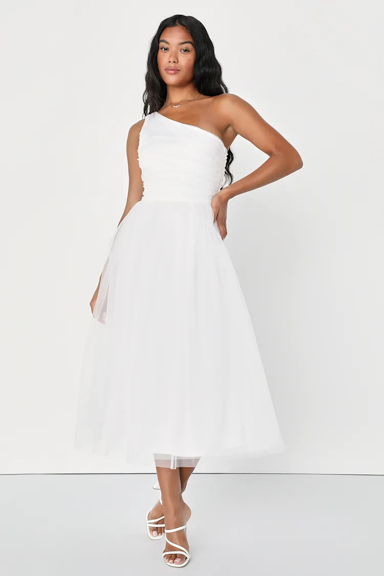 Already Perfect White Tulle One-Shoulder Midi Dress | Lulus (US)