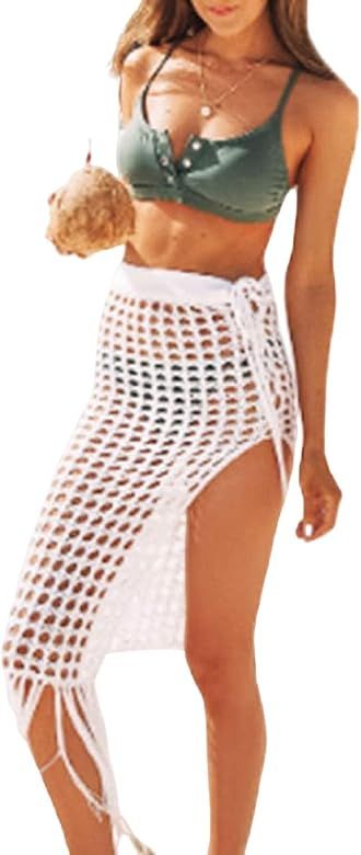 Women Sexy Crochet Knitted Beach Cover Up Skirt Hollow Out Fish Net Tassels Maxi Skirt Wrap Split... | Amazon (US)