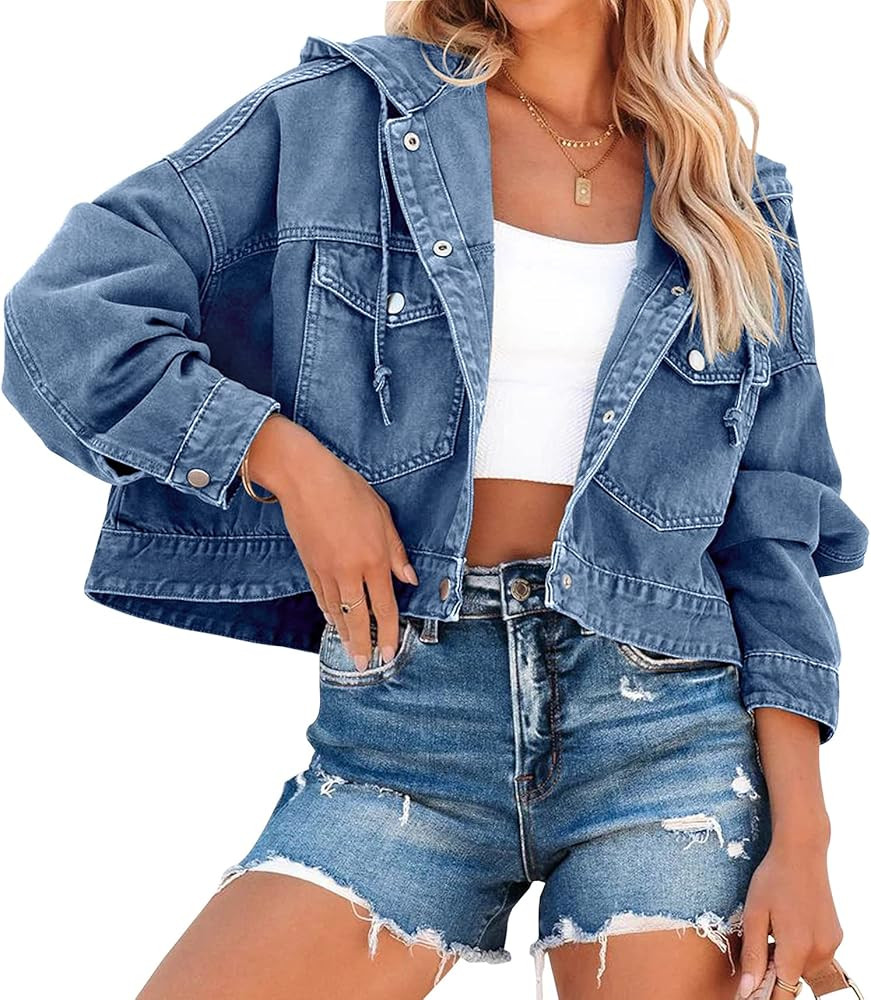 Women's Oversized Denim Jacket Long Sleeve Button Down Hooded Jean Coat with Pockets | Amazon (US)