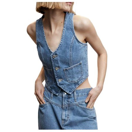 Women Y2K Button Down Denim Vest Sleeveless V Neck Denim Crop Top Jeans Vest Corset Bustier Tops Outwear Streetwear | Walmart (US)