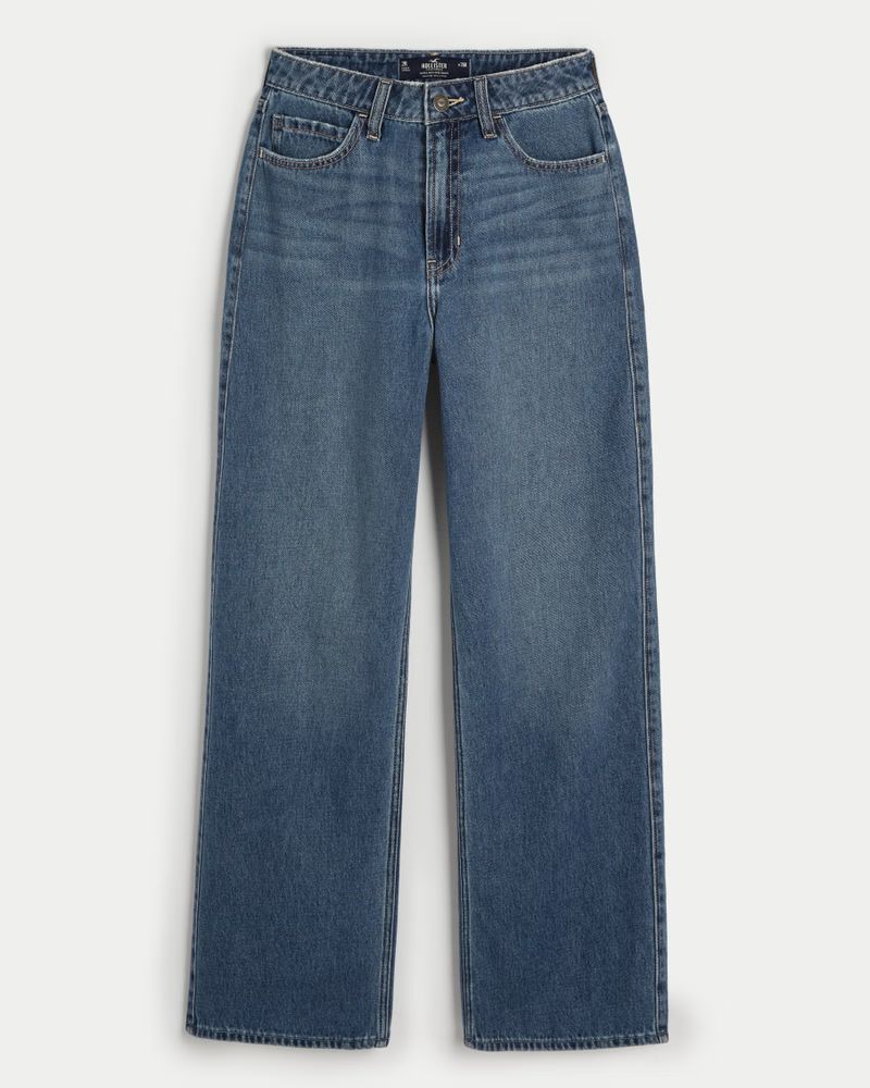 Ultra High-Rise Medium Dark Wash Baggy Jeans | Hollister (US)