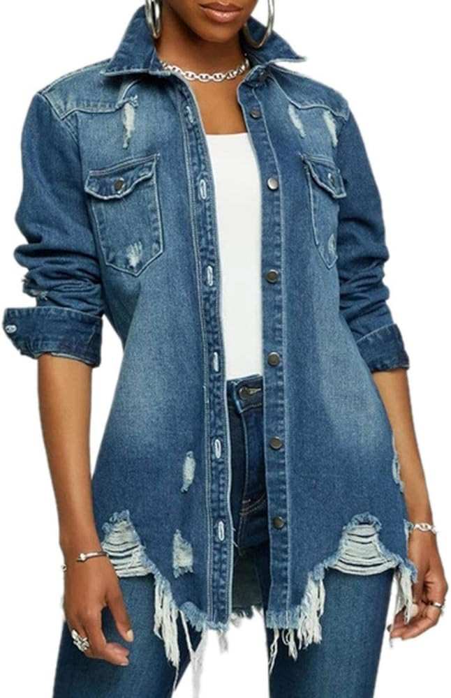 Tanming Women's Casual Distressed Denim Jacket Long Sleeve Ripped Jean Jacket Coat | Amazon (US)