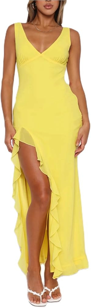 Women's Ruffle Maxi Dress Summer Y2k Sexy V Neck Backless Side High Split Hem Party Cocktail Maxi... | Amazon (US)