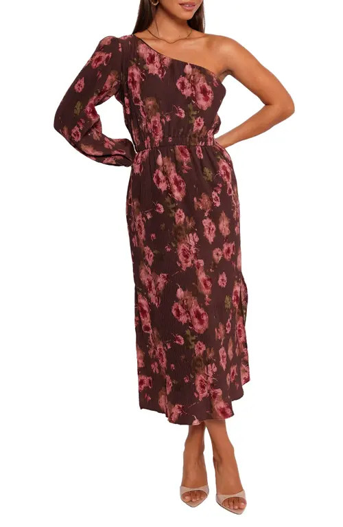 Petal & Pup Floral One-Shoulder Plissé Midi Dress in Chocolate Brown at Nordstrom, Size Large | Nordstrom